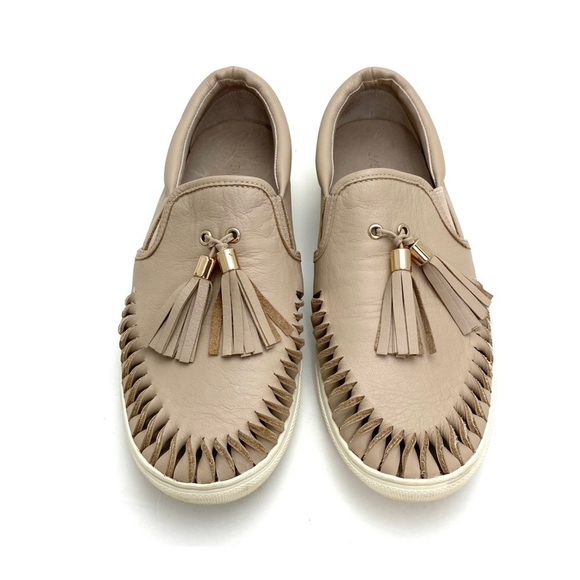 J/SLIDES Nyc AZTEC Leather Fringe Wrapped Tassel Slip on Shoes in National Beige - Picture 2 of 11